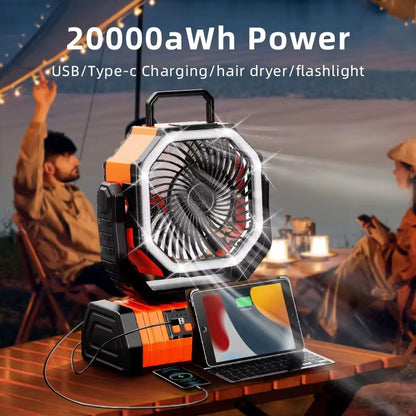 20000mAh Portable Rechargeable Fan with LED Light - Perfect for Camping and Outdoor Adventures!