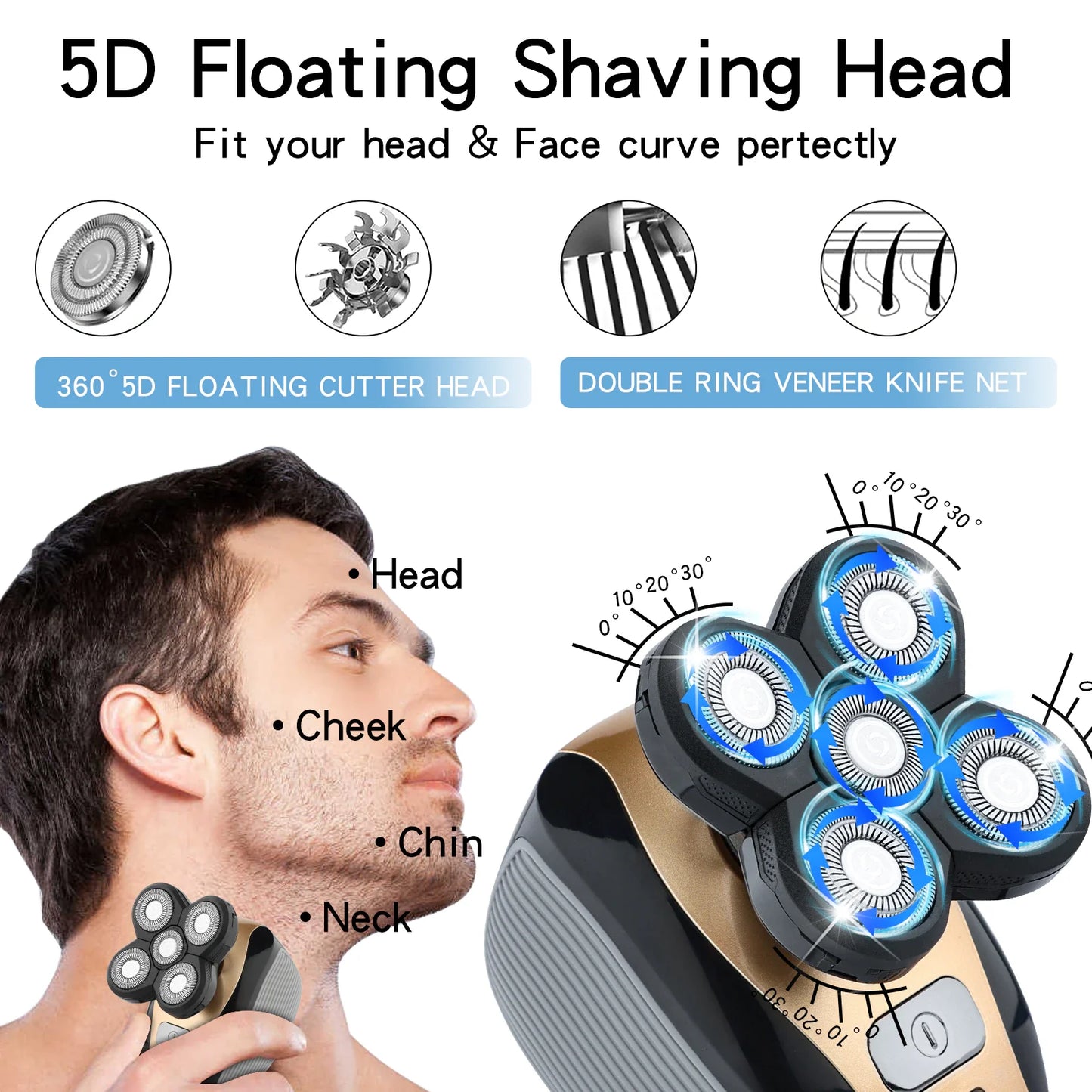 Revolutionary 5-in-1 4D Rotary Electric Shaver & Trimmer - Perfect for Bald Heads and Beards, Rechargeable and Versatile!