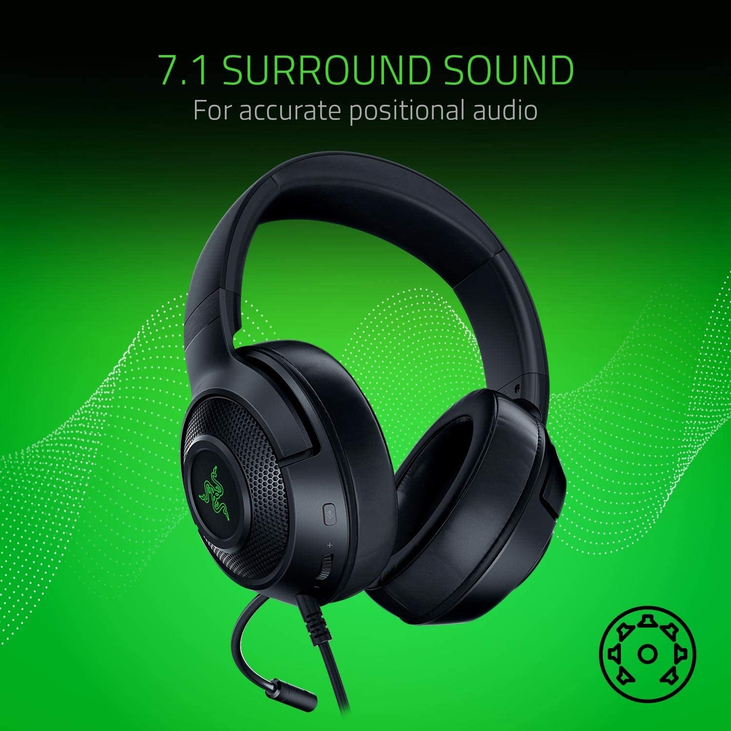 Experience Ultimate Gaming with the Razer Kraken X USB Headset - Lightweight, 7.1 Surround Sound, and Noise-Cancelling Mic in Classic Black with Striking Green Lighting