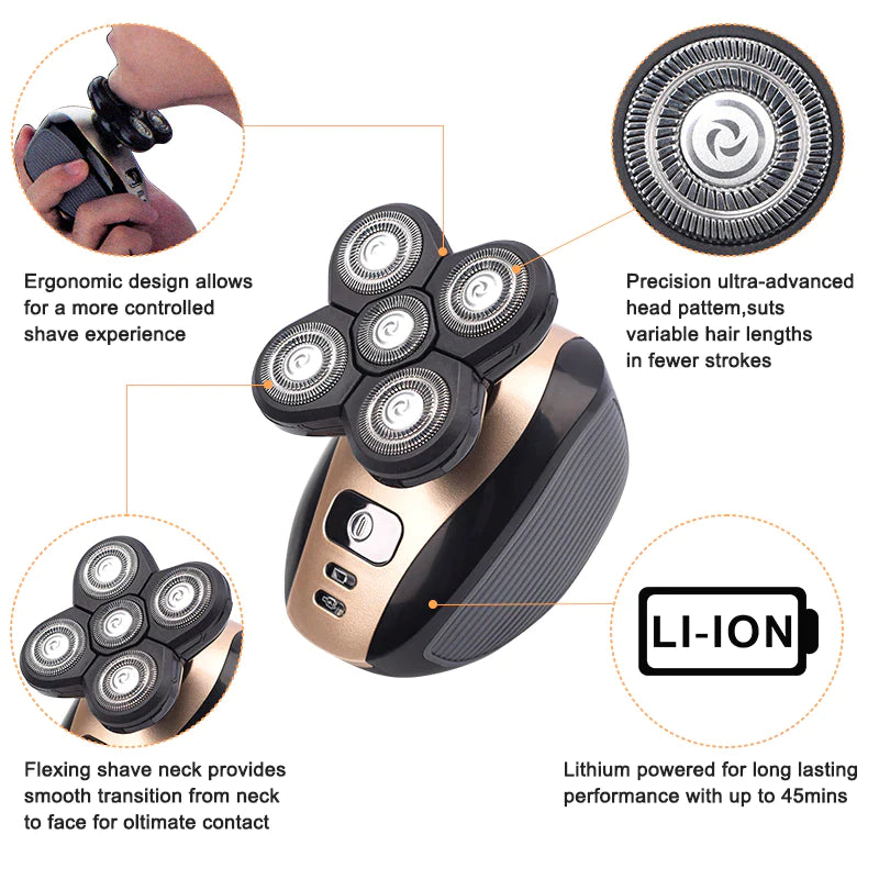 Revolutionary 5-in-1 4D Rotary Electric Shaver & Trimmer - Perfect for Bald Heads and Beards, Rechargeable and Versatile!