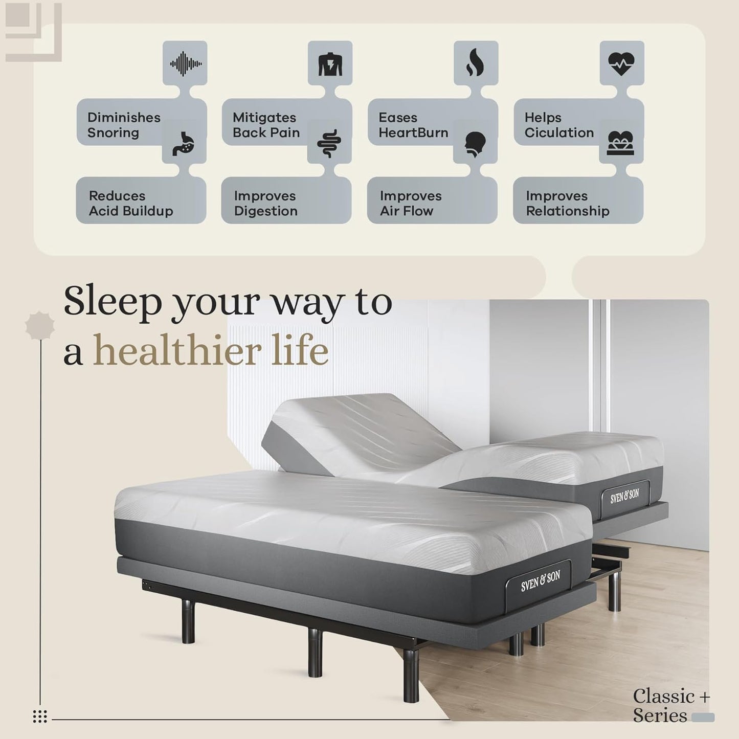 Experience Ultimate Comfort with the Harmony Adjustable Bed Base & 14" Hybrid Spring Mattress - Split King with Head and Foot Lift, Massage Features, and USB Charging
