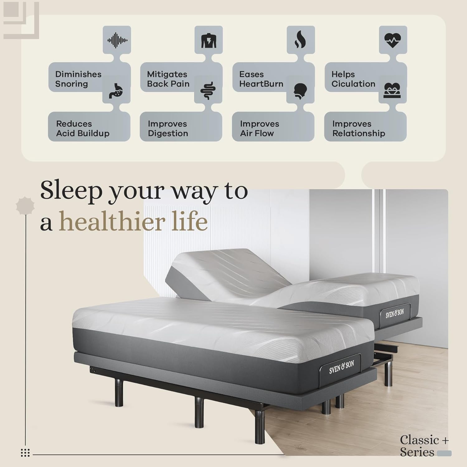 Experience Ultimate Comfort with the Harmony Adjustable Bed Base & 14" Hybrid Spring Mattress - Split King with Head and Foot Lift, Massage Features, and USB Charging