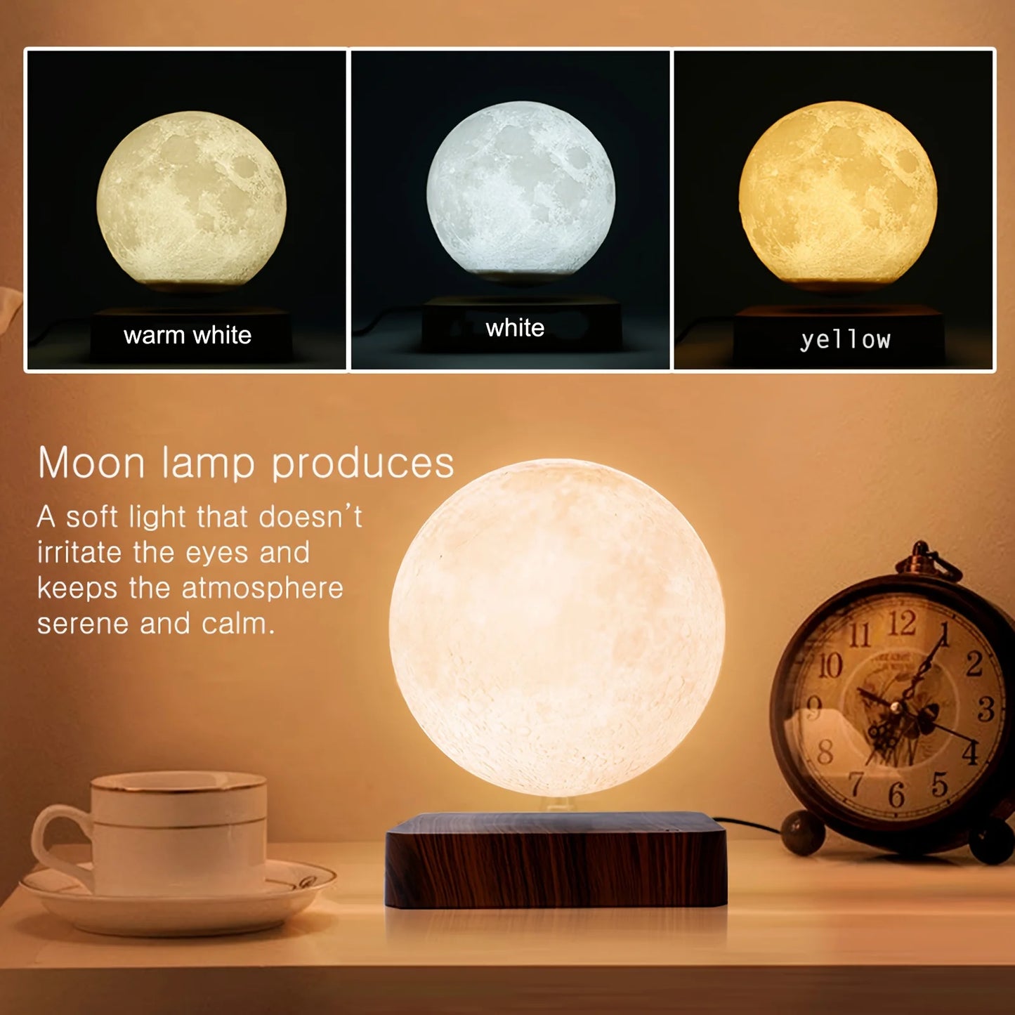 Enchanting Levitating Moon Night Light - 3 Color Temperatures & Creative 3D Design with Wooden Base for Unique Gifts and Office Decor
