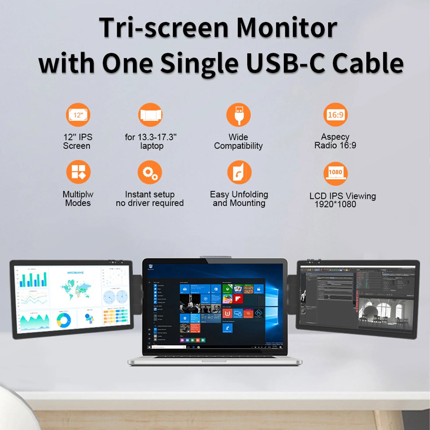 Enhance Your Productivity with the 12-Inch Dual Monitor - 1920x1080 HD IPS LCD Screen Extender for Laptops and Mobile Devices