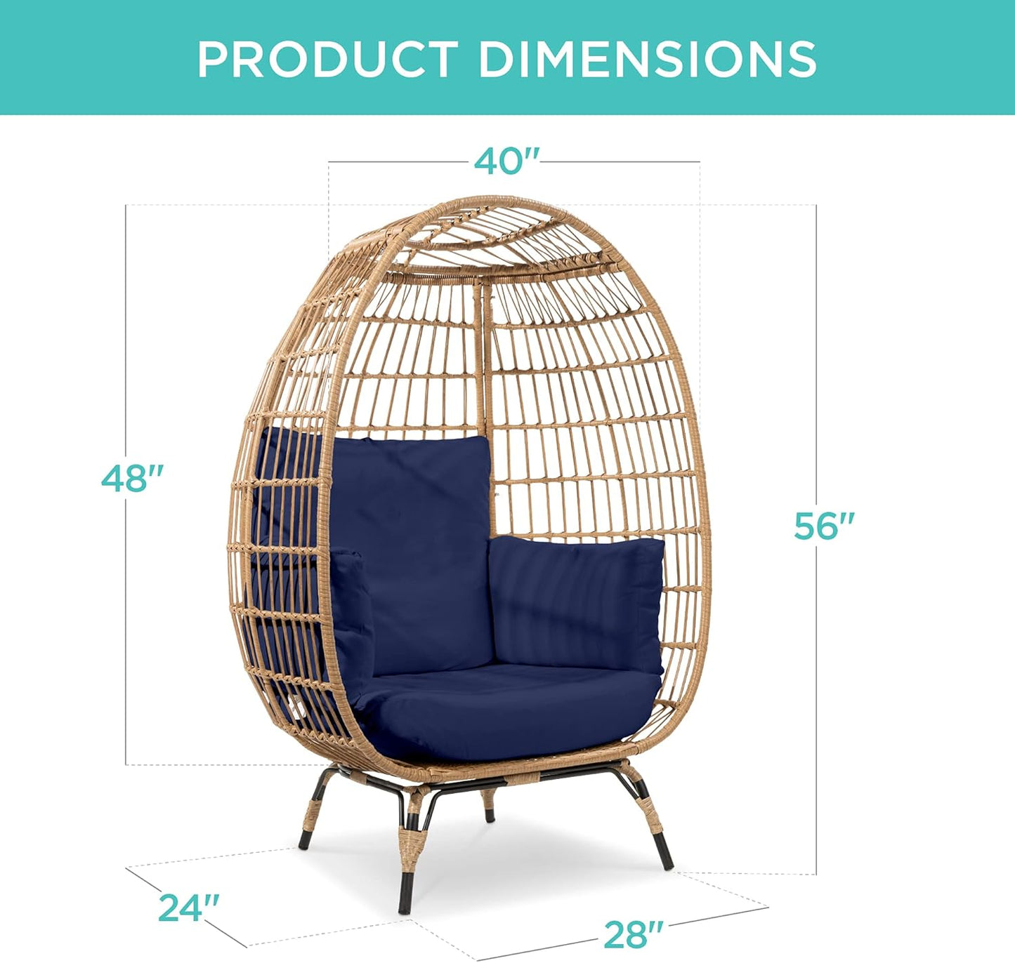 Luxurious Navy Wicker Egg Chair - Oversized Indoor/Outdoor Lounger with Cushions, Stylish Steel Frame, Supports Up to 440 lbs