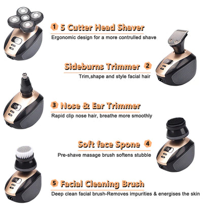 Revolutionary 5-in-1 4D Rotary Electric Shaver & Trimmer - Perfect for Bald Heads and Beards, Rechargeable and Versatile!