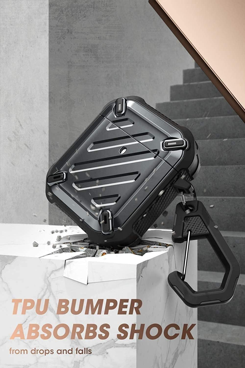 Unicorn Beetle Pro Series Rugged Full-Body Case for AirPods 1 & 2 with Carabiner - Black Finish