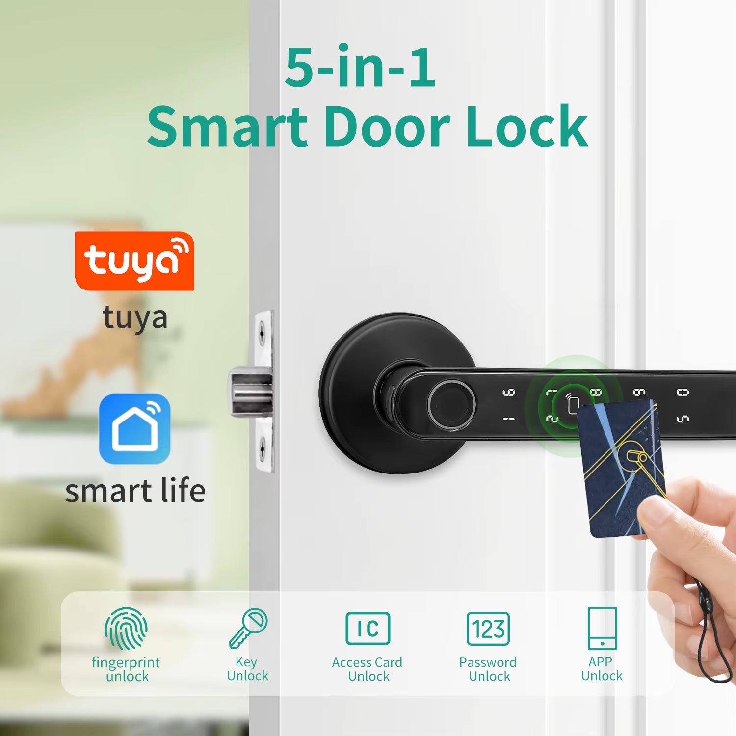 Revolutionize Your Home Security with the Smart Tuya 5-in-1 Fingerprint Door Lock - Effortless Access via Remote Control, App, Password, and IC Card!