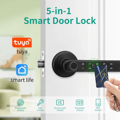 Revolutionize Your Home Security with the Smart Tuya 5-in-1 Fingerprint Door Lock - Effortless Access via Remote Control, App, Password, and IC Card!