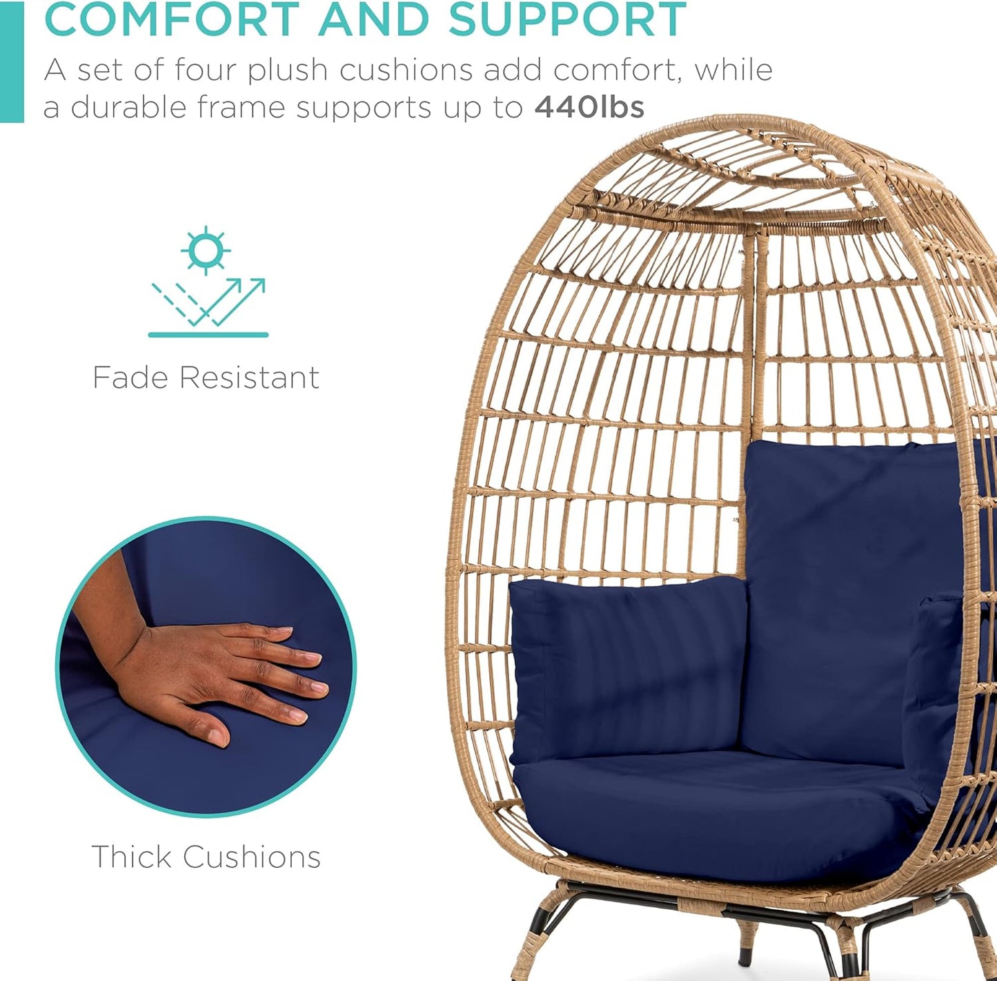 Luxurious Navy Wicker Egg Chair - Oversized Indoor/Outdoor Lounger with Cushions, Stylish Steel Frame, Supports Up to 440 lbs
