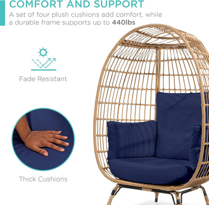 Luxurious Navy Wicker Egg Chair - Oversized Indoor/Outdoor Lounger with Cushions, Stylish Steel Frame, Supports Up to 440 lbs