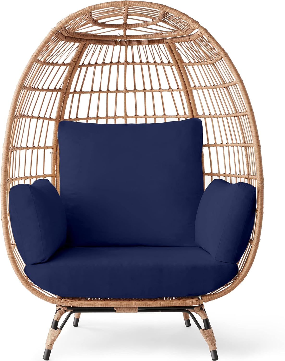 Luxurious Navy Wicker Egg Chair - Oversized Indoor/Outdoor Lounger with Cushions, Stylish Steel Frame, Supports Up to 440 lbs