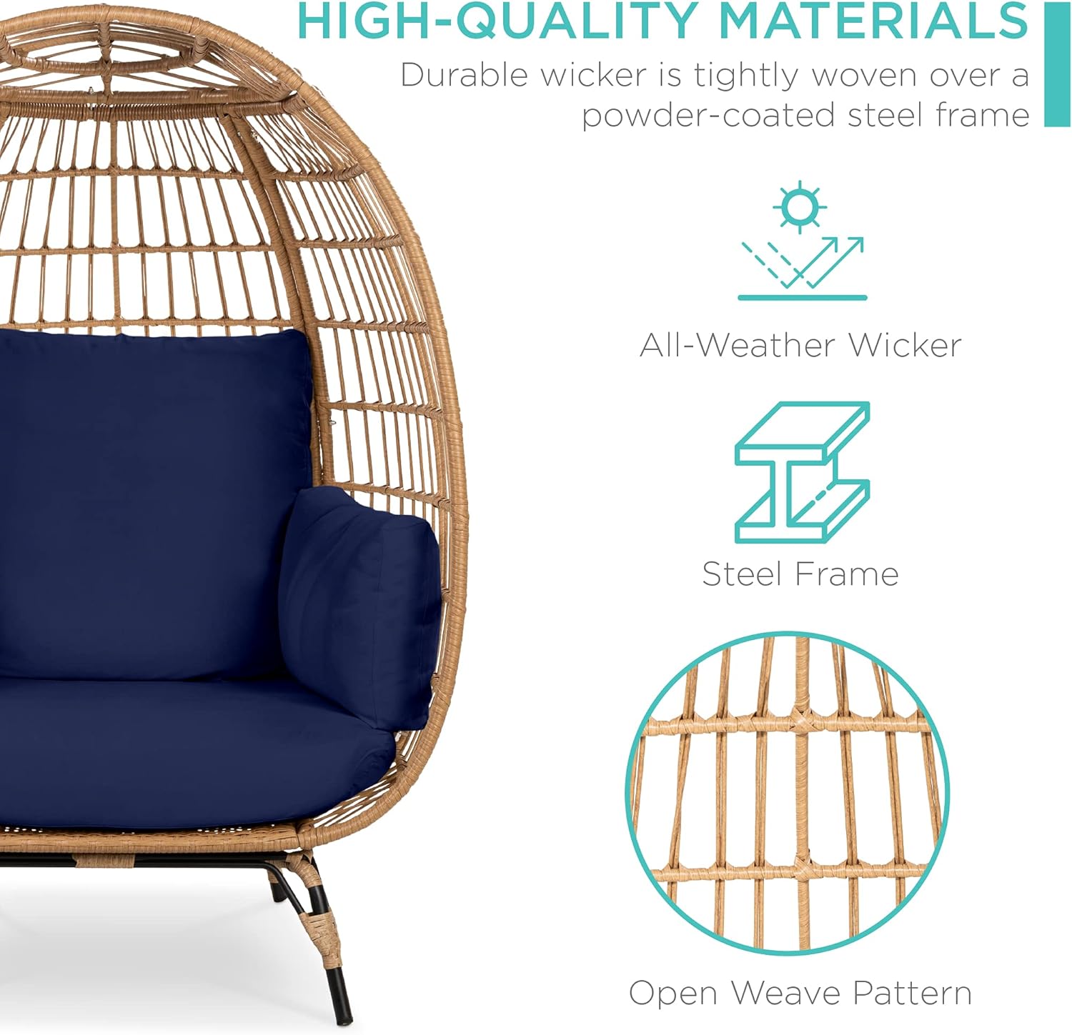 Luxurious Navy Wicker Egg Chair - Oversized Indoor/Outdoor Lounger with Cushions, Stylish Steel Frame, Supports Up to 440 lbs