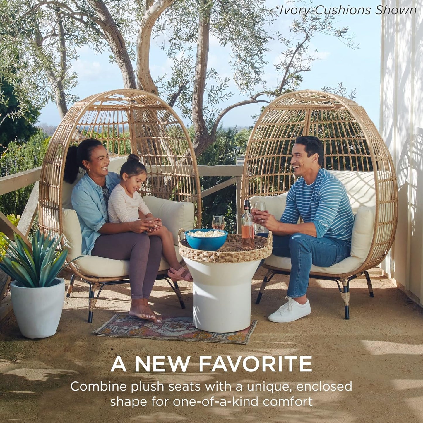 Luxurious Navy Wicker Egg Chair - Oversized Indoor/Outdoor Lounger with Cushions, Stylish Steel Frame, Supports Up to 440 lbs