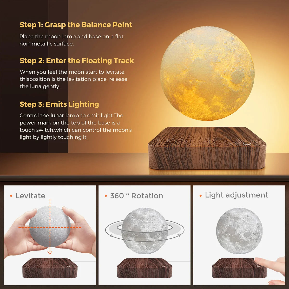 Enchanting Levitating Moon Night Light - 3 Color Temperatures & Creative 3D Design with Wooden Base for Unique Gifts and Office Decor