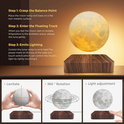 Enchanting Levitating Moon Night Light - 3 Color Temperatures & Creative 3D Design with Wooden Base for Unique Gifts and Office Decor
