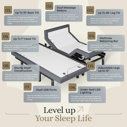 Experience Ultimate Comfort with the Harmony Adjustable Bed Base & 14" Hybrid Spring Mattress - Split King with Head and Foot Lift, Massage Features, and USB Charging
